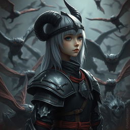 Create an image featuring a young adult girl with silver hair, dressed in black and red armor, and wearing a black horned helmet