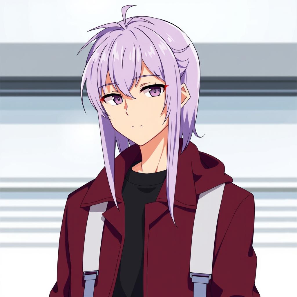 An anime-style guy with long light purple hair styled with bangs, wearing modern clothing