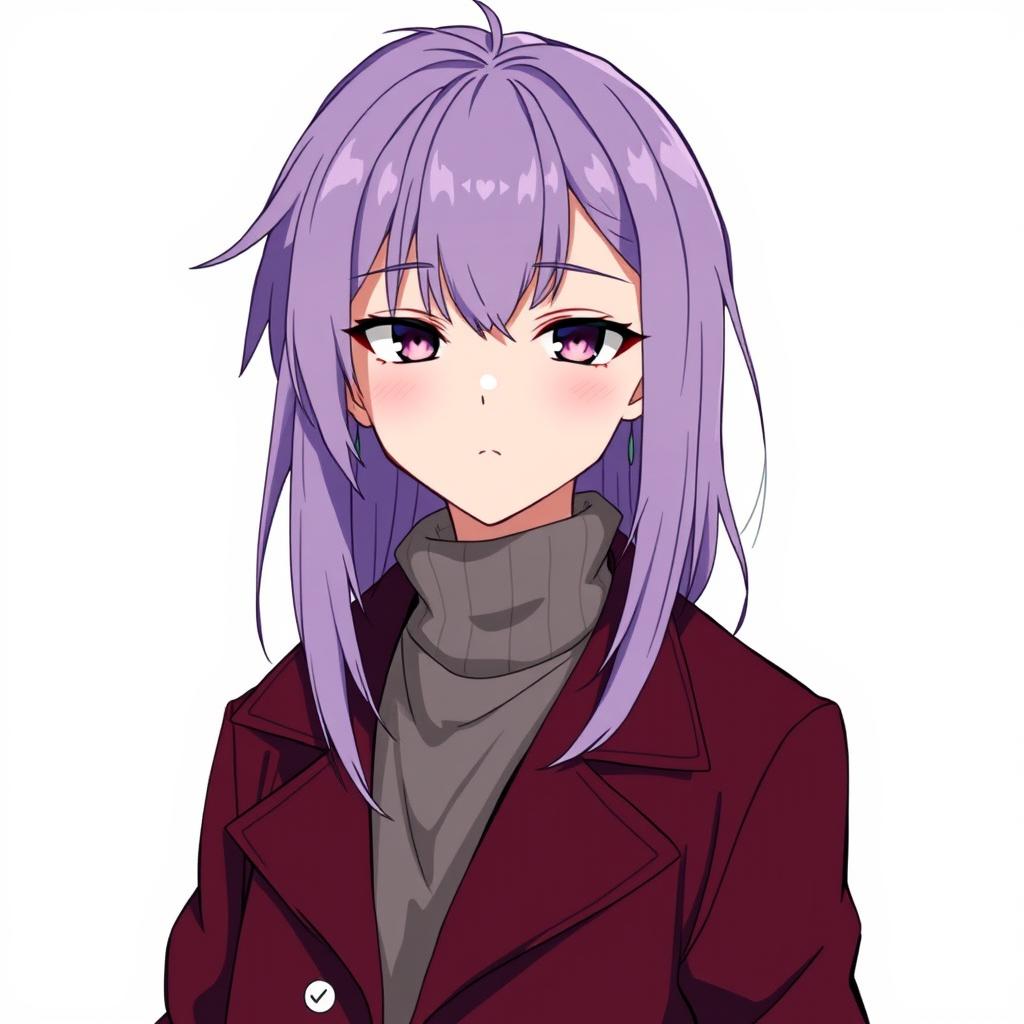 An anime-style guy with long light purple hair styled with bangs, wearing modern clothing