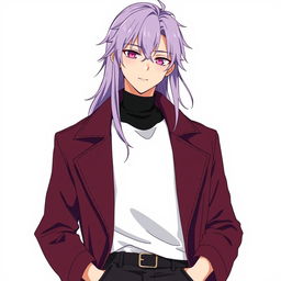 An anime-style guy with long light purple hair styled with bangs, wearing modern clothing