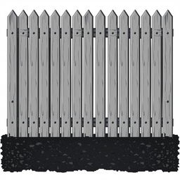 A gray fence viewed from the front and left side, with black soil at the bottom