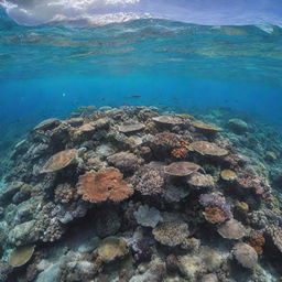 A vibrant coral reef under crystal clear ocean water, teeming with diverse marine life, colorful fishes and sea turtles swimming around.