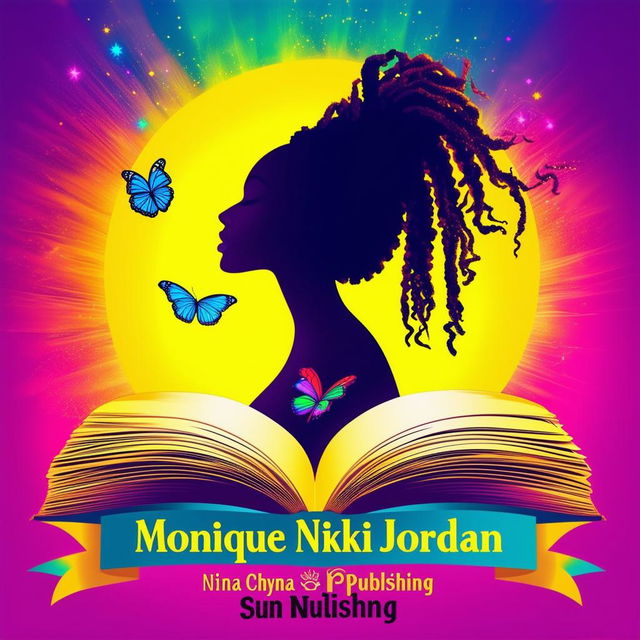 A vibrant and colorful logo for a book cover featuring an open book, a silhouette of a woman with dreadlocks, butterflies, and the names 'Monique Nikki Jordan' and 'Chyna Sun Publishing'