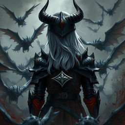 Create an image featuring a girl with silver hair, dressed in black and red armor, and wearing a black horned helmet