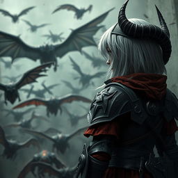 Create an image featuring a girl with silver hair, dressed in black and red armor, and wearing a black horned helmet