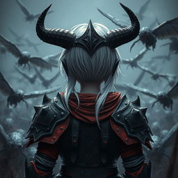 Create an image featuring a girl with silver hair, dressed in black and red armor, and wearing a black horned helmet