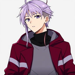 An anime guy with modern clothing, featuring long light purple hair with styled bangs and a hair antenna