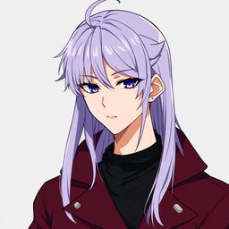 An anime guy with modern clothing, featuring long light purple hair with styled bangs and a hair antenna