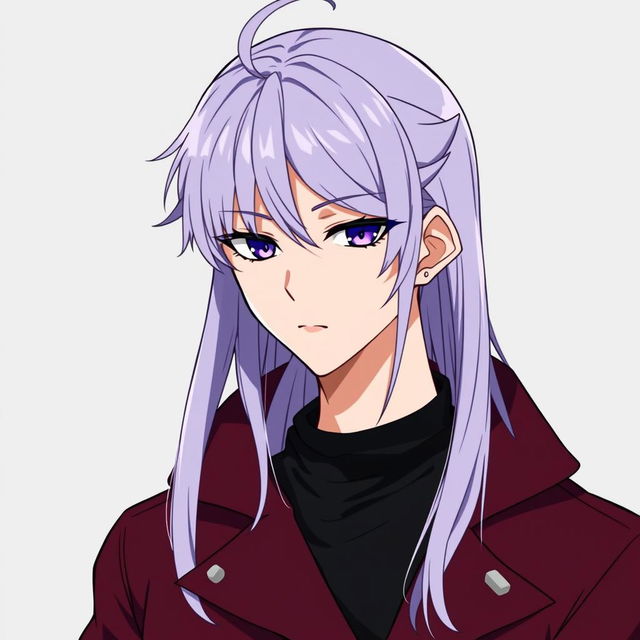 An anime guy with modern clothing, featuring long light purple hair with styled bangs and a hair antenna