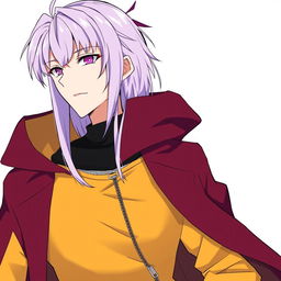 An anime guy with modern clothing, featuring long light purple hair with styled bangs and a hair antenna