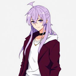 An anime guy with modern clothing, featuring long light purple hair with styled bangs and a hair antenna