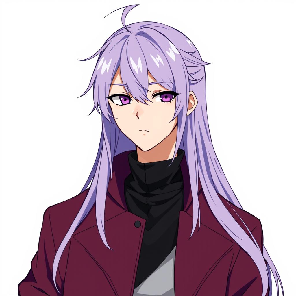 An anime guy with modern clothing, featuring long light purple hair with styled bangs and a hair antenna