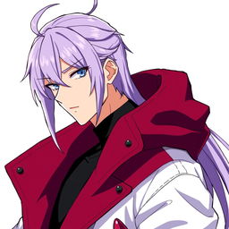 An anime guy with modern clothing, featuring long light purple hair with styled bangs and a hair antenna