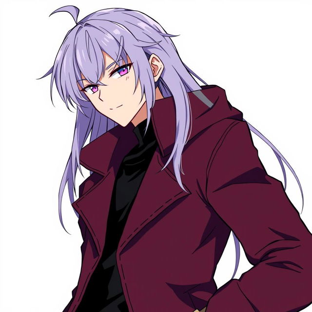 An anime guy with modern clothing, featuring long light purple hair with styled bangs and a hair antenna