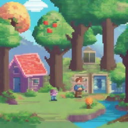 Create a detailed pixel art image featuring a vibrant and colorful scene