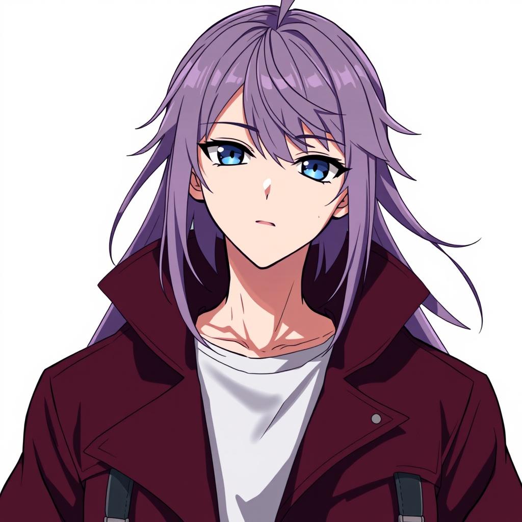 An anime guy with modern clothing, featuring dark blue eyes and long light purple hair with styled bangs and a hair antenna