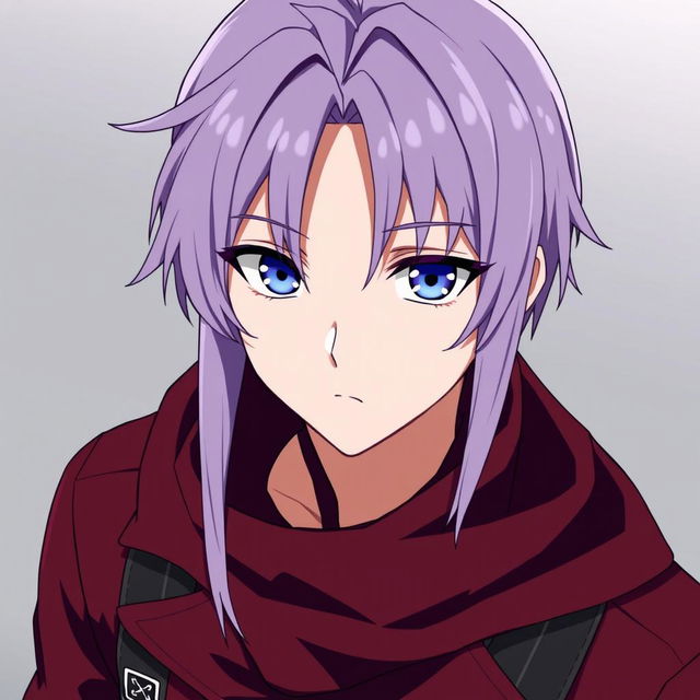 An anime guy with modern clothing, featuring dark blue eyes and long light purple hair with styled bangs and a hair antenna