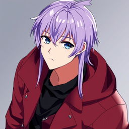 An anime guy with modern clothing, featuring dark blue eyes and long light purple hair with styled bangs and a hair antenna