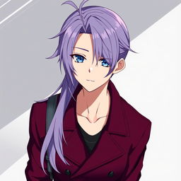 An anime guy with modern clothing, featuring dark blue eyes and long light purple hair with styled bangs and a hair antenna