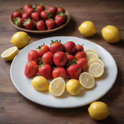 Fresh strawberries and ripe lemons arranged on a wooden counter, next to a plate of delicious biscuits. Everything under soft lighting that enhances their natural color and texture.