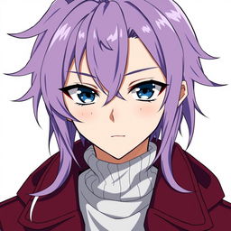 An anime guy with modern clothing, featuring dark blue eyes and long light purple hair with styled bangs and a hair antenna