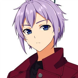 An anime guy with modern clothing, featuring dark blue eyes and long light purple hair with styled bangs and a hair antenna