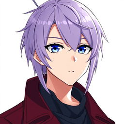 An anime guy with modern clothing, featuring dark blue eyes and long light purple hair with styled bangs and a hair antenna