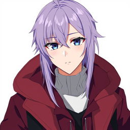 An anime guy with modern clothing, featuring dark blue eyes and long light purple hair with styled bangs and a hair antenna