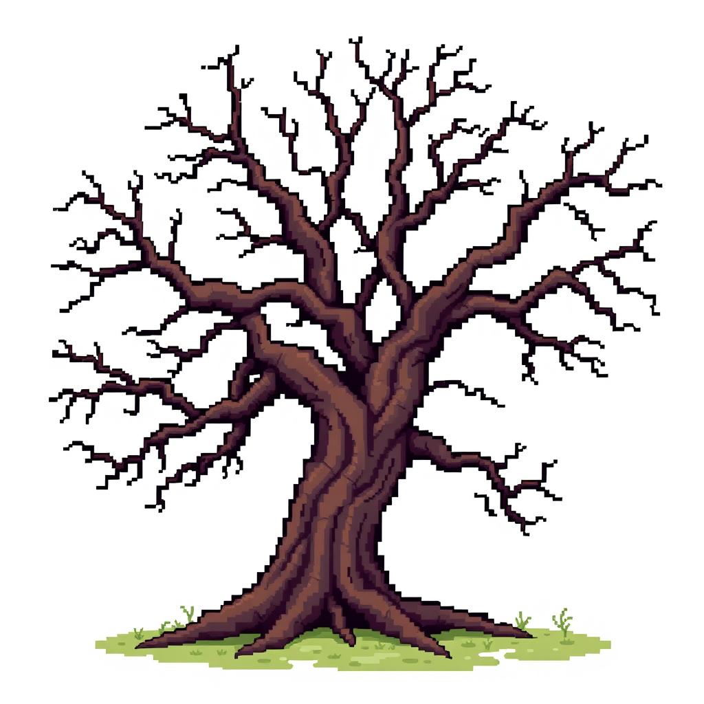 An old, dry tree depicted in pixel art style. The image should be set against a white background.