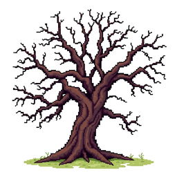 An old, dry tree depicted in pixel art style. The image should be set against a white background.