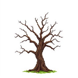 An old, dry tree depicted in pixel art style. The image should be set against a white background.