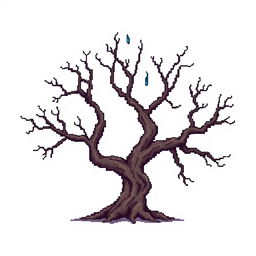 An old, dry tree depicted in pixel art style. The image should be set against a white background.