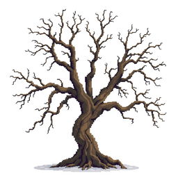 An old, dry tree depicted in pixel art style. The image should be set against a white background.