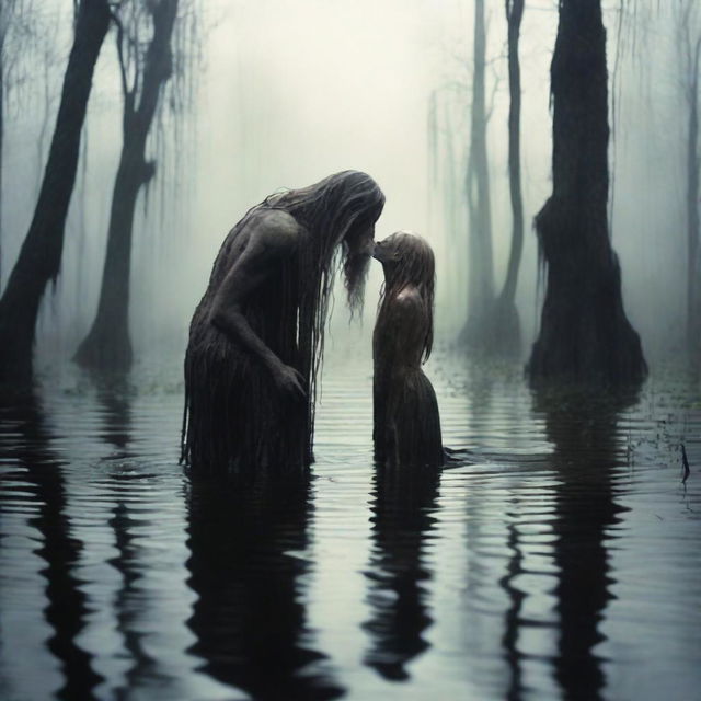 A photo image of a swamp scene where an emaciated, tall giant with long hair and a beard is bending down to kiss a small, skinny, petite male who is kneeling in the water