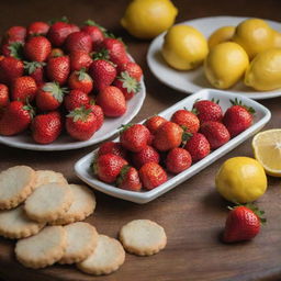 Fresh strawberries and ripe lemons arranged on a wooden counter, next to a plate of delicious biscuits. Everything under soft lighting that enhances their natural color and texture.