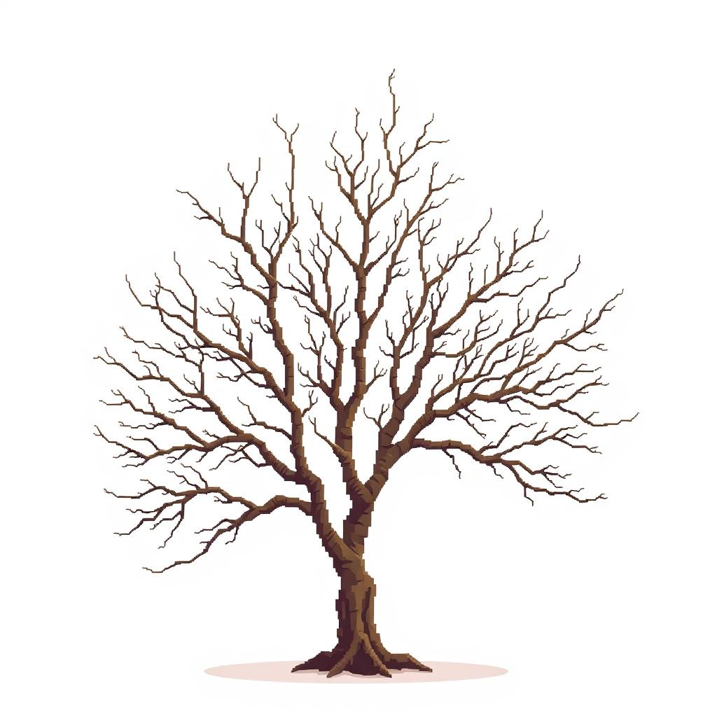 A young, dry tree depicted in pixel art style. The image should be set against a white background.