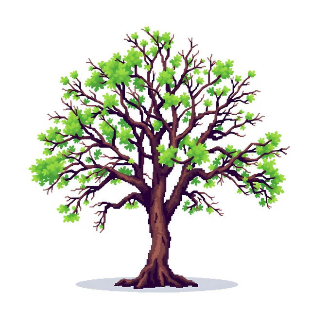 A young, dry tree depicted in pixel art style. The image should be set against a white background.