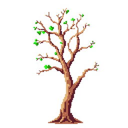 A young, dry tree depicted in pixel art style. The image should be set against a white background.