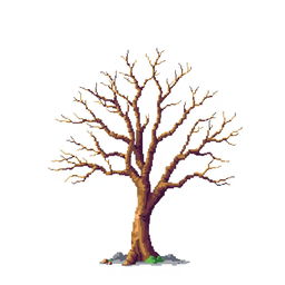 A young, dry tree depicted in pixel art style. The image should be set against a white background.