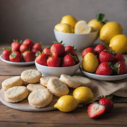 Fresh strawberries and ripe lemons arranged on a wooden counter, next to a plate of delicious biscuits. Everything under soft lighting that enhances their natural color and texture.