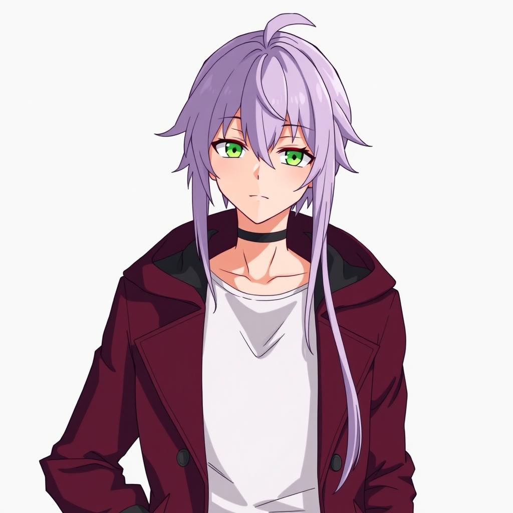 An anime guy with modern clothing, featuring green eyes and long light purple hair with styled bangs and a hair antenna