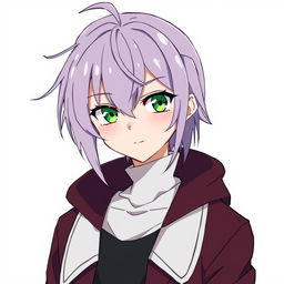 An anime guy with modern clothing, featuring green eyes and long light purple hair with styled bangs and a hair antenna