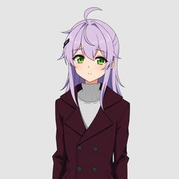 An anime guy with modern clothing, featuring green eyes and long light purple hair with styled bangs and a hair antenna