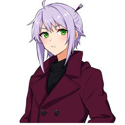 An anime guy with modern clothing, featuring green eyes and long light purple hair with styled bangs and a hair antenna