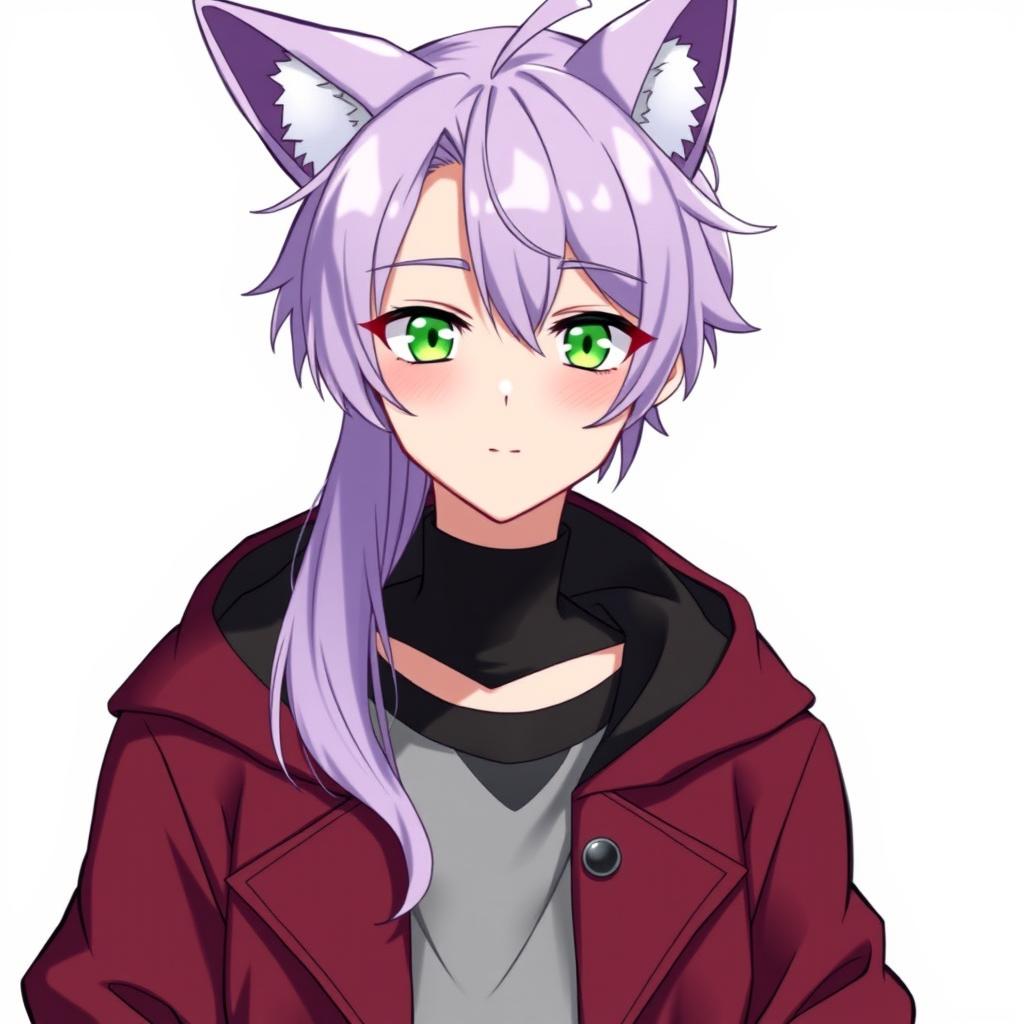 An anime guy with modern clothing, green eyes, and long light purple hair styled with bangs and a hair antenna