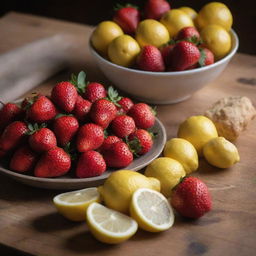 Fresh strawberries and ripe lemons arranged on a wooden counter, next to a plate of delicious biscuits. Everything under soft lighting that enhances their natural color and texture.