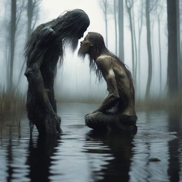 In a swamp, an emaciated giant with long hair and a beard stands tall, bending down to kiss a small, skinny, petite male who is kneeling in the water