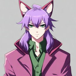 An anime-style guy with modern clothing, featuring green eyes and long light purple hair with styled bangs and a hair antenna