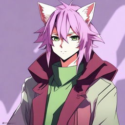 An anime-style guy with modern clothing, featuring green eyes and long light purple hair with styled bangs and a hair antenna