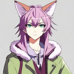 An anime-style guy with modern clothing, featuring green eyes and long light purple hair with styled bangs and a hair antenna